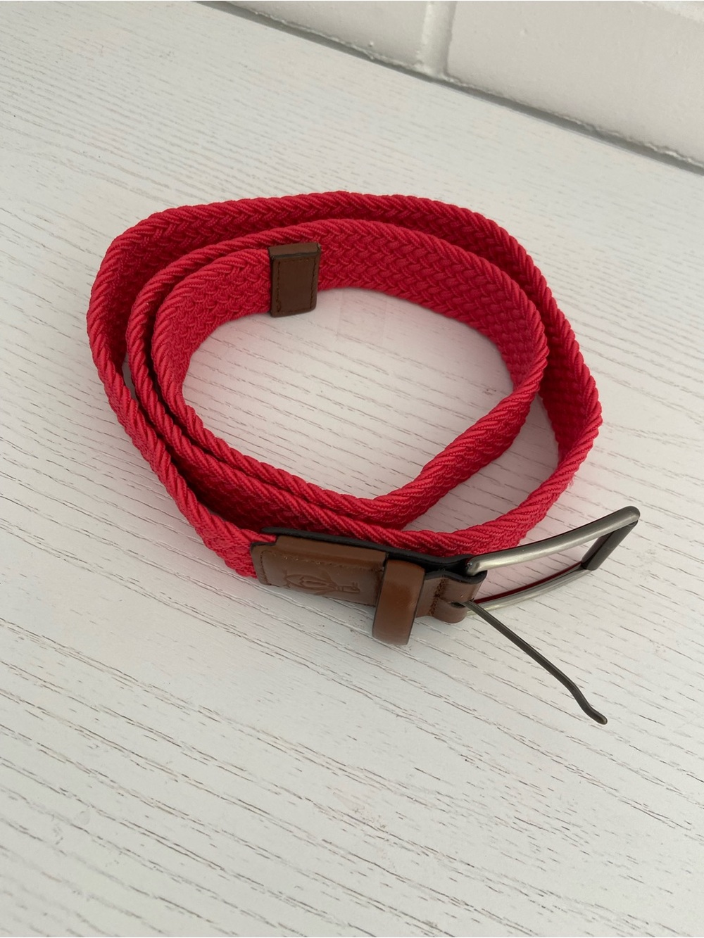 Mens Adjustable Classic Penguin Red Woven Belt With Brown Cowhide Ends Size 32